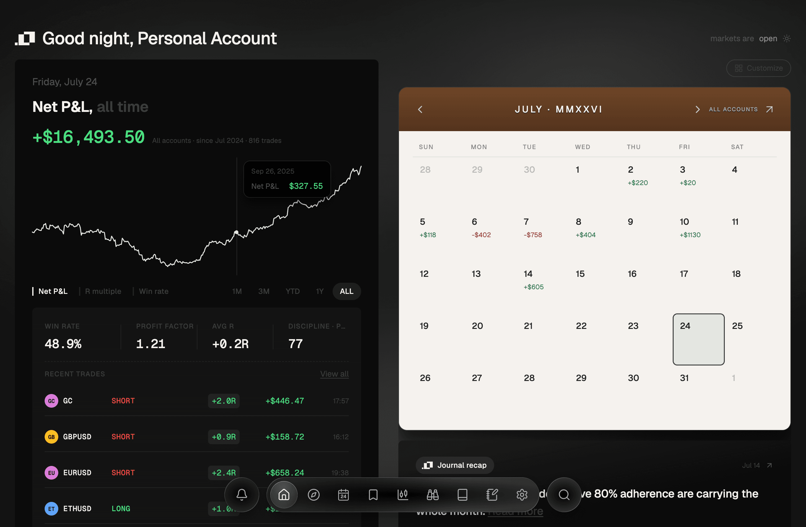 Ordo desktop dashboard — net P&L, equity curve and profit calendar
