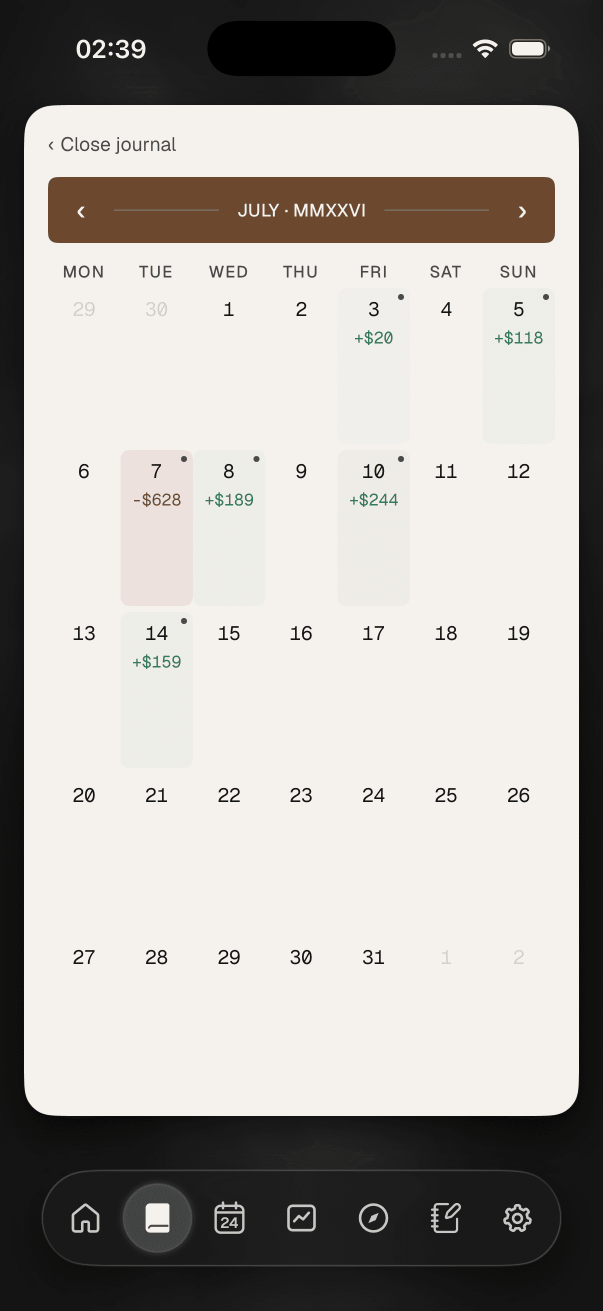 Ordo journal calendar on iPhone — cream paper with P&L heat